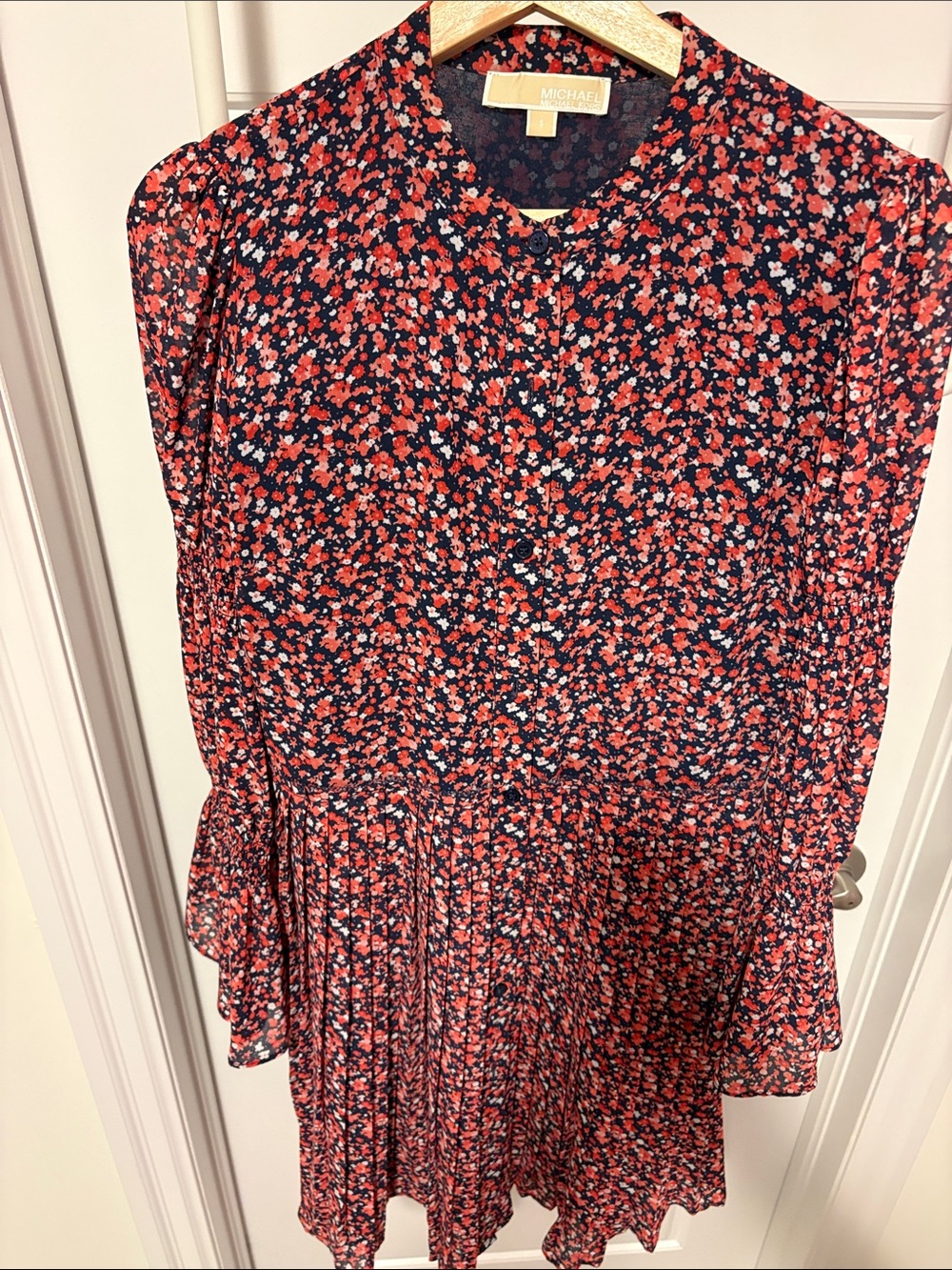 Michael Kors Navy Dress with Red Floral Print and White Accents